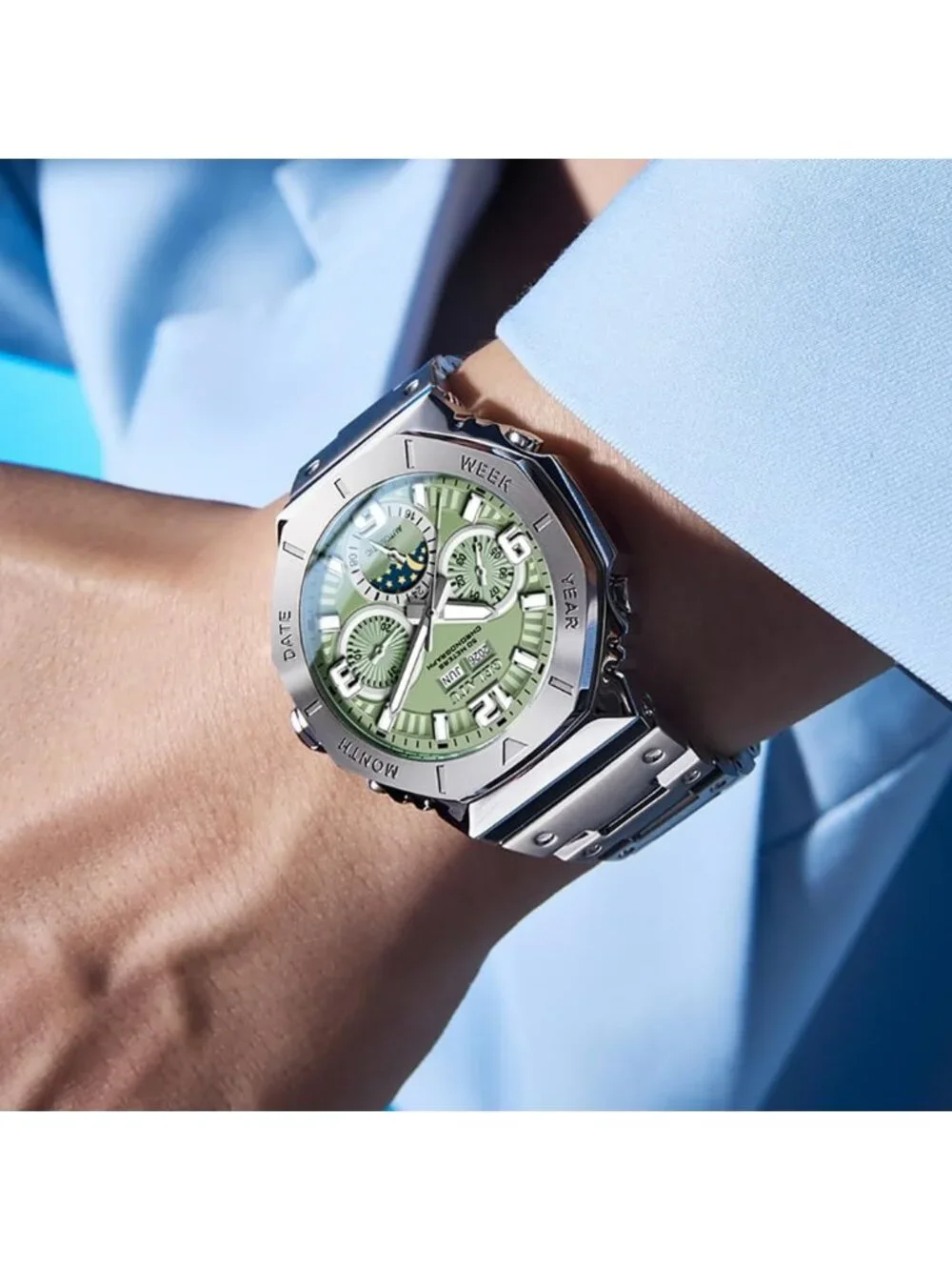 Men's Silver Case-Green Dial Automatic Mechanical Multi-Function Luxury Watch